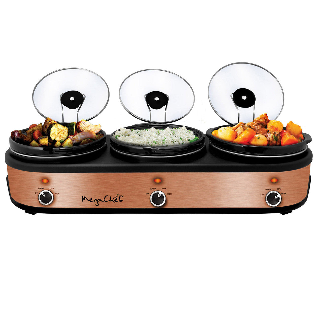 MegaChef Triple 2.5 Quart Slow Cooker and Buffet Server in Brushed Copper and Black Finish with 3 C-0