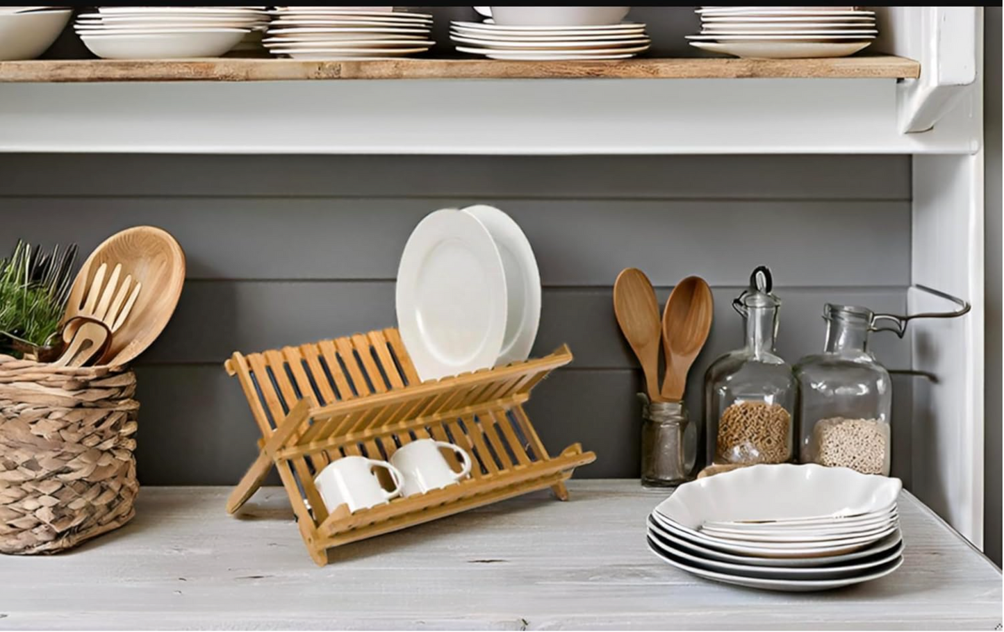 Bamboo Dish Drying Rack - 2-Tier Foldable Dish Rack for Kitchen Counter-4
