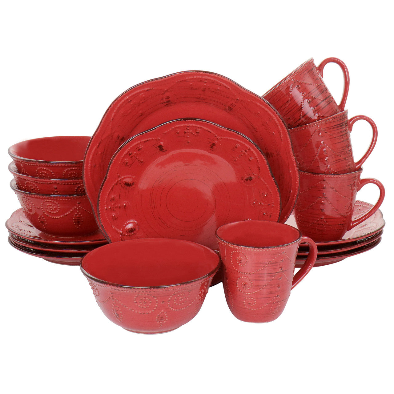 Elama Rustic Birch 16 Piece Stoneware Dinnerware Set in Red-0