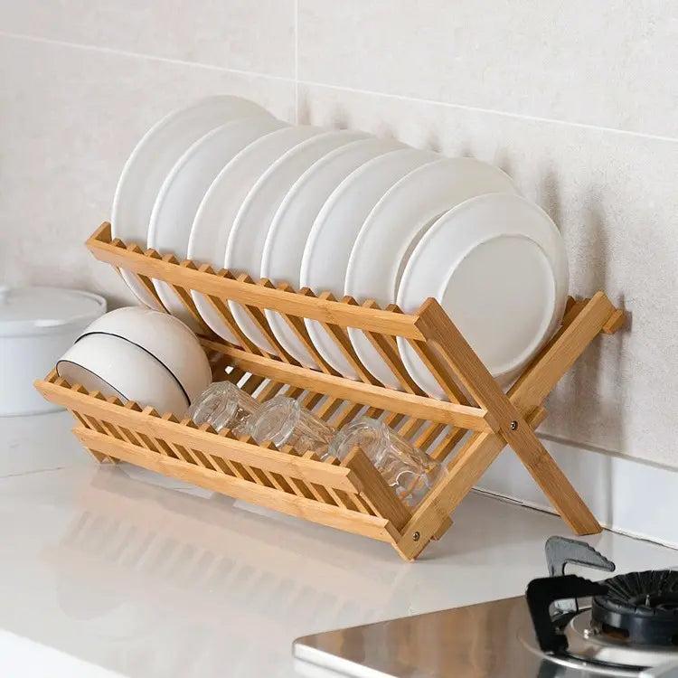 Bamboo Dish Drying Rack - 2-Tier Foldable Dish Rack for Kitchen Counter-3
