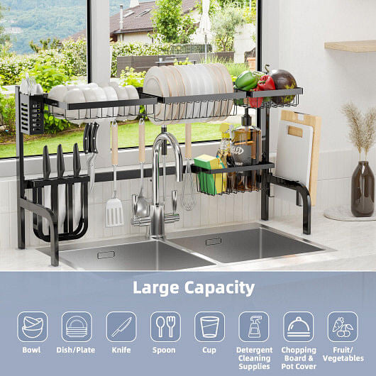 2 Tier Adjustable Over Sink Dish Drying Rack with 8 Hooks-1