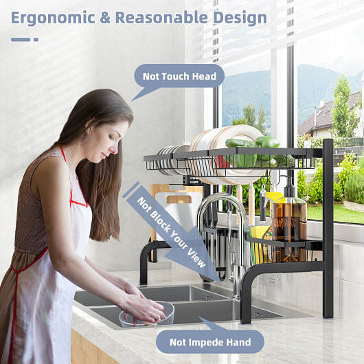 2 Tier Adjustable Over Sink Dish Drying Rack with 8 Hooks-3