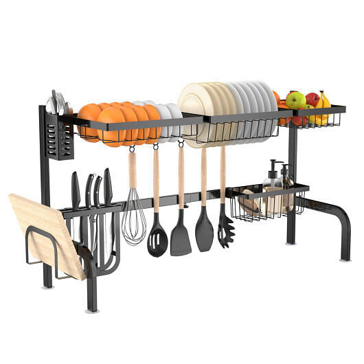 2 Tier Adjustable Over Sink Dish Drying Rack with 8 Hooks-0