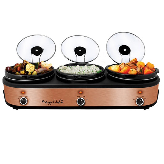 MegaChef Triple 2.5 Quart Slow Cooker and Buffet Server in Brushed Copper and Black Finish with 3 C-0