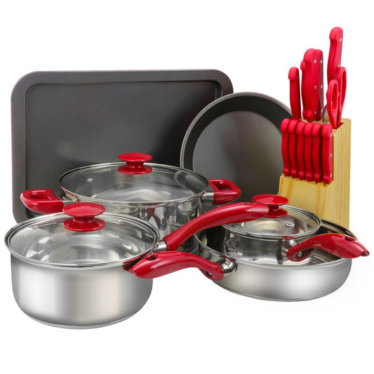 MegaChef 22 Piece Aluminum Cookware Combo Set in Red-0